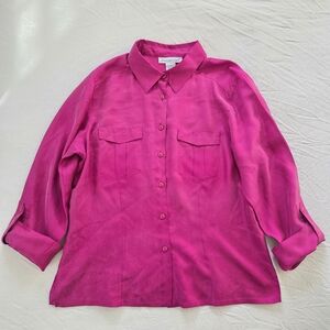 100% Silk Vibrant Pink Button-Up Shirt Anna & Frank Vintage Womens Medium